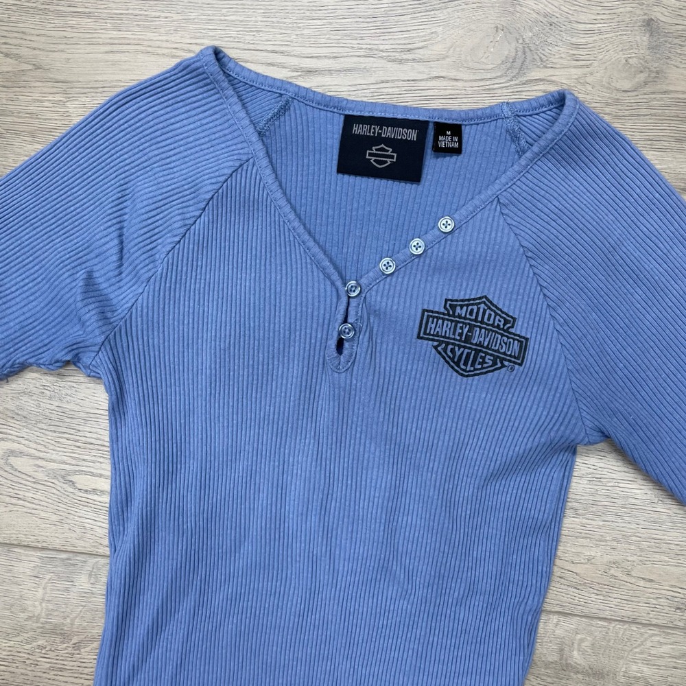 Harley-Davidson Henley Shirt Womens M Blue Ribbed Short Sleeve 96701-23VW